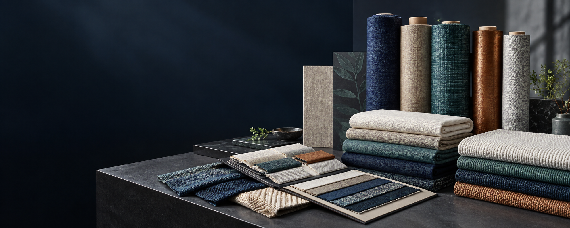 Textile swatches, folded fabrics and fabric rolls in a development studio
